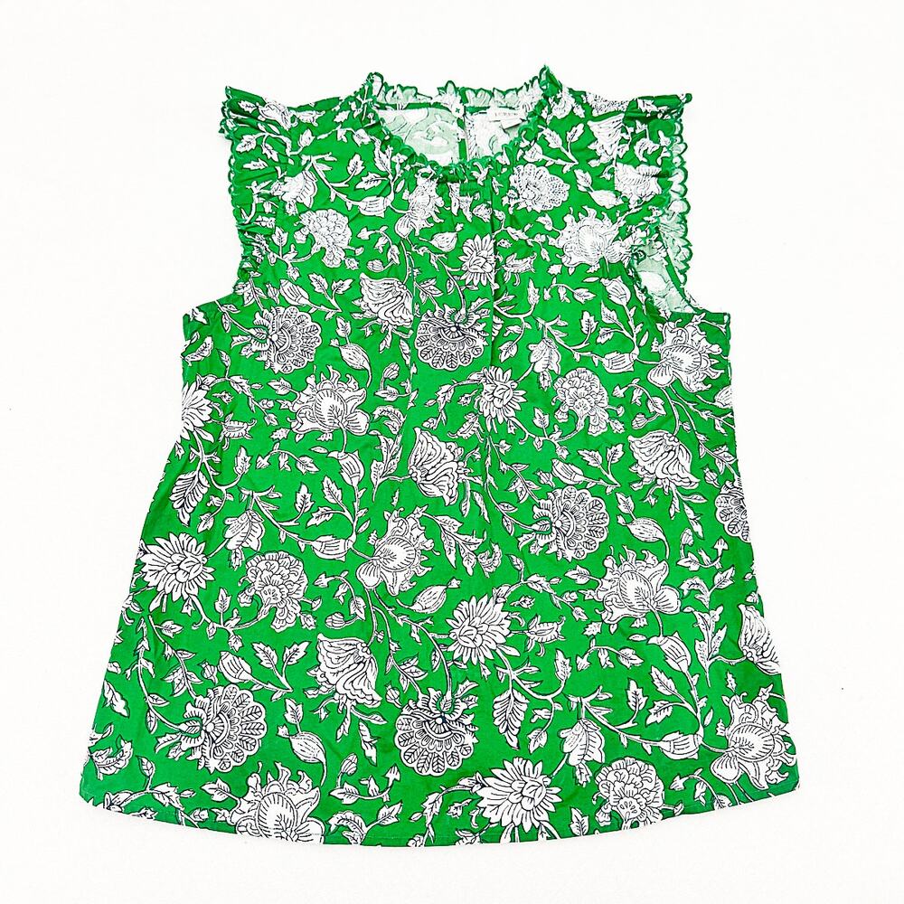 J, Crew Green Flutter Sleeve Printed Short Sleeve Blouse Size Medium
